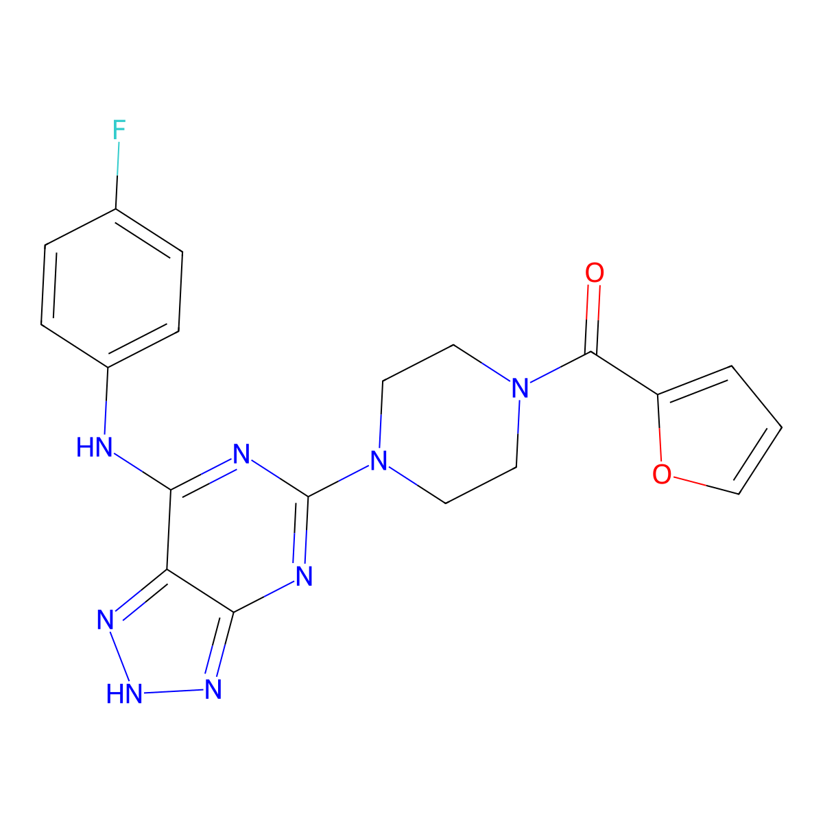 (4-(7-((4-fluorophenyl)amino)-3H-[1,2,3]triazolo[4,5-d]pyrimidin-5-yl)piperazin-1-yl)(furan-2-yl)methanone molecular structure, CAS 1286728-81-1