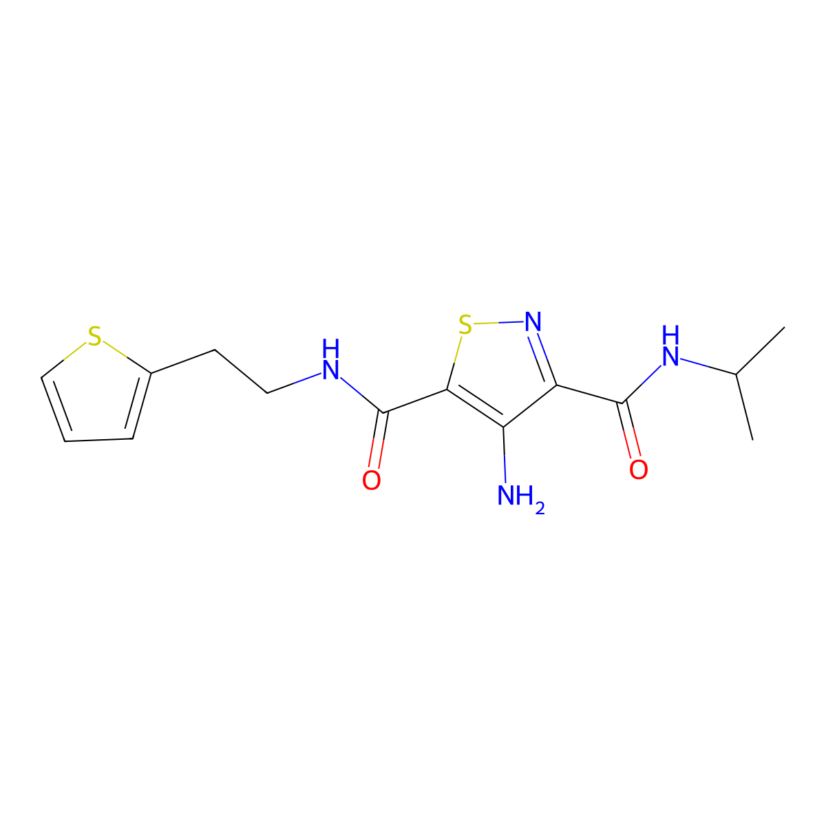 4-amino-N3-(propan-2-yl)-N5-[2-(thiophen-2-yl)ethyl]-1,2-thiazole-3,5-dicarboxamide molecular structure, CAS 1286728-85-5
