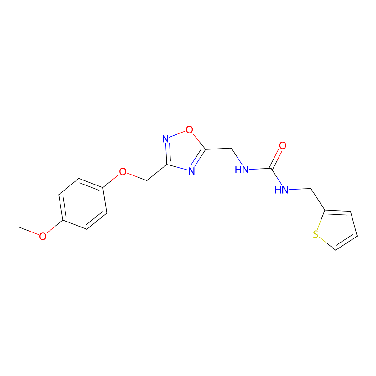 1-((3-((4-Methoxyphenoxy)methyl)-1,2,4-oxadiazol-5-yl)methyl)-3-(thiophen-2-ylmethyl)urea molecular structure, CAS 1286732-14-6