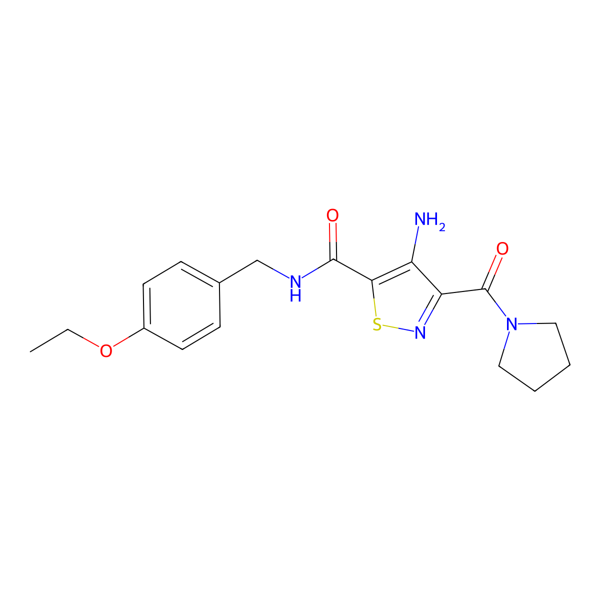 4-amino-N-(4-ethoxybenzyl)-3-(pyrrolidine-1-carbonyl)isothiazole-5-carboxamide molecular structure, CAS 1286732-61-3