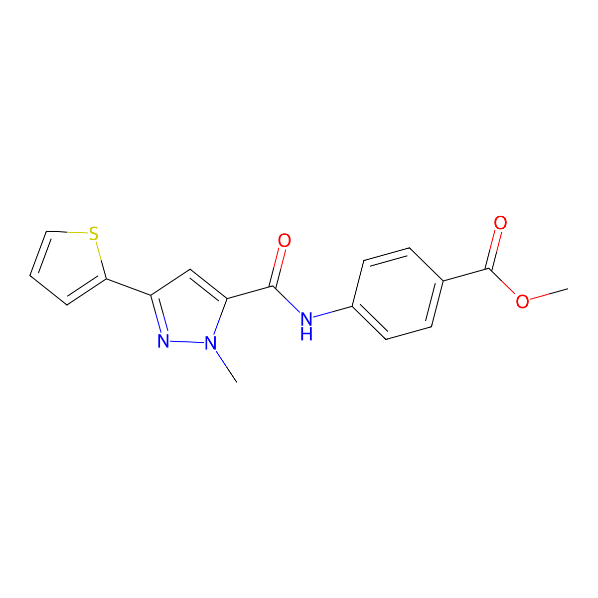 methyl 4-(1-methyl-3-(thiophen-2-yl)-1H-pyrazole-5-carboxamido)benzoate molecular structure, CAS 1286732-71-5