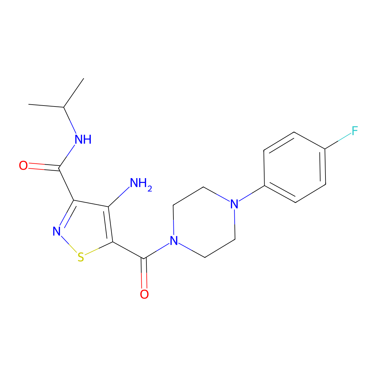 4-amino-5-[4-(4-fluorophenyl)piperazine-1-carbonyl]-N-(propan-2-yl)-1,2-thiazole-3-carboxamide molecular structure, CAS 1286732-72-6