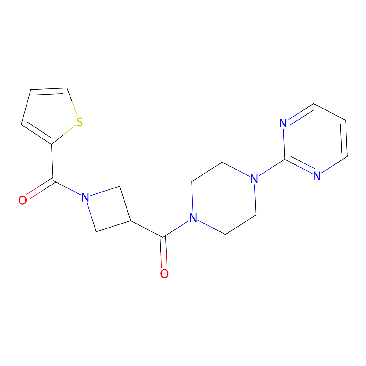 (4-(Pyrimidin-2-yl)piperazin-1-yl)(1-(thiophene-2-carbonyl)azetidin-3-yl)methanone molecular structure, CAS 1286733-02-5