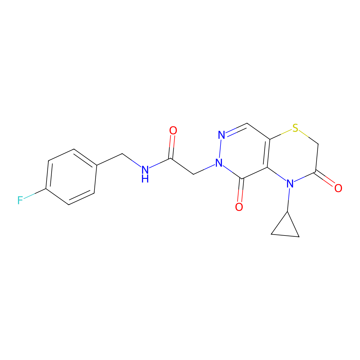 2-(4-cyclopropyl-3,5-dioxo-3,4-dihydro-2H-pyridazino[4,5-b][1,4]thiazin-6(5H)-yl)-N-(4-fluorobenzyl)acetamide molecular structure, CAS 1286733-21-8