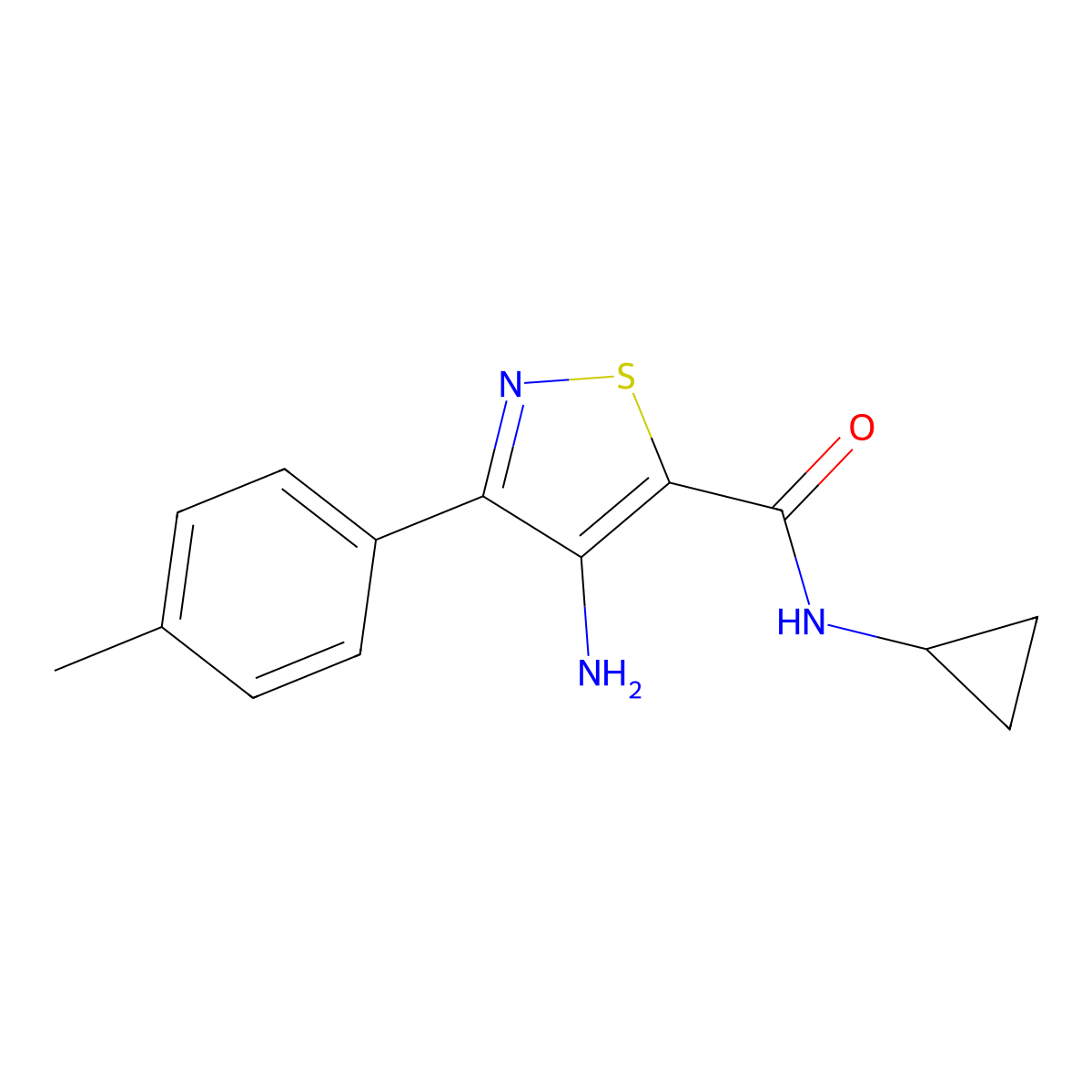 4-amino-N-cyclopropyl-3-(p-tolyl)isothiazole-5-carboxamide molecular structure, CAS 1286733-23-0