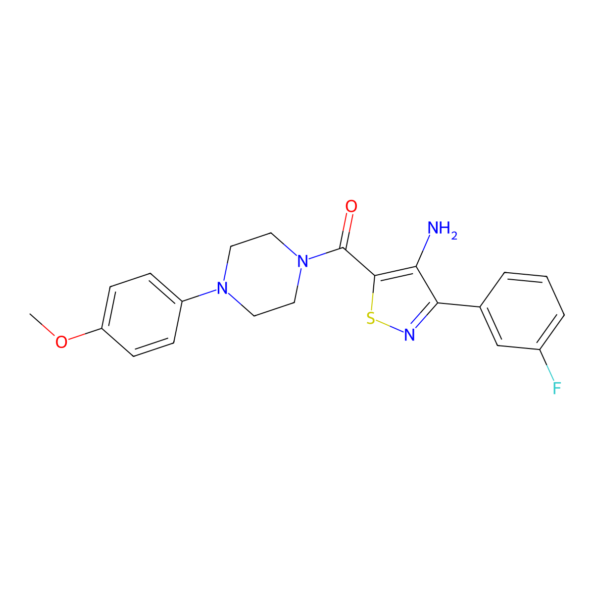 (4-Amino-3-(3-fluorophenyl)isothiazol-5-yl)(4-(4-methoxyphenyl)piperazin-1-yl)methanone molecular structure, CAS 1286733-24-1