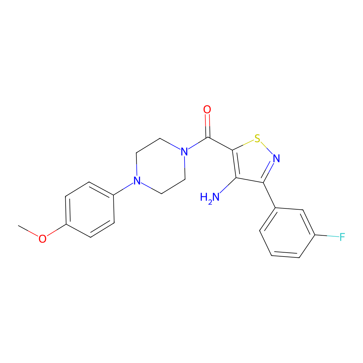 (4-Amino-3-(3-fluorophenyl)isothiazol-5-yl)(4-(4-methoxyphenyl)piperazin-1-yl)methanone molecular structure, CAS 1286733-24-1