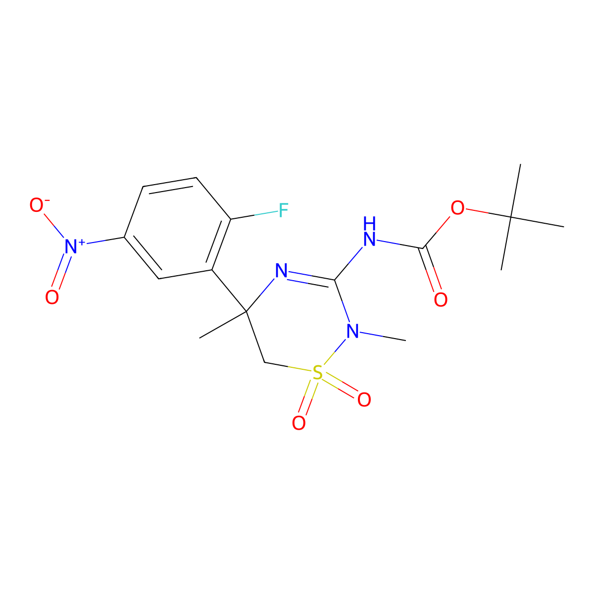 tert-Butyl (R)-(5-(2-fluoro-5-nitrophenyl)-2,5-dimethyl-1,1-dioxido-5,6-dihydro-2H-1,2,4-thiadiazin-3-yl)carbamate molecular structure, CAS 1286776-27-9