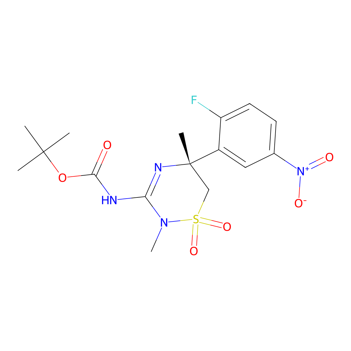 tert-Butyl (R)-(5-(2-fluoro-5-nitrophenyl)-2,5-dimethyl-1,1-dioxido-5,6-dihydro-2H-1,2,4-thiadiazin-3-yl)carbamate molecular structure, CAS 1286776-27-9