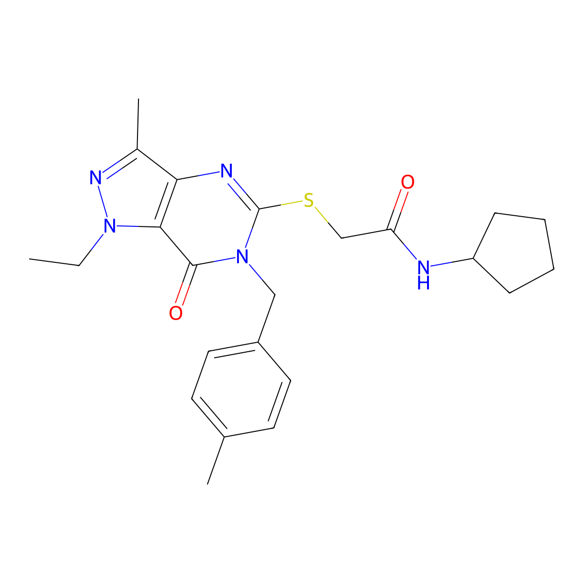 N-cyclopentyl-2-((1-ethyl-3-methyl-6-(4-methylbenzyl)-7-oxo-6,7-dihydro-1H-pyrazolo[4,3-d]pyrimidin-5-yl)thio)acetamide molecular structure, CAS 1286977-03-4