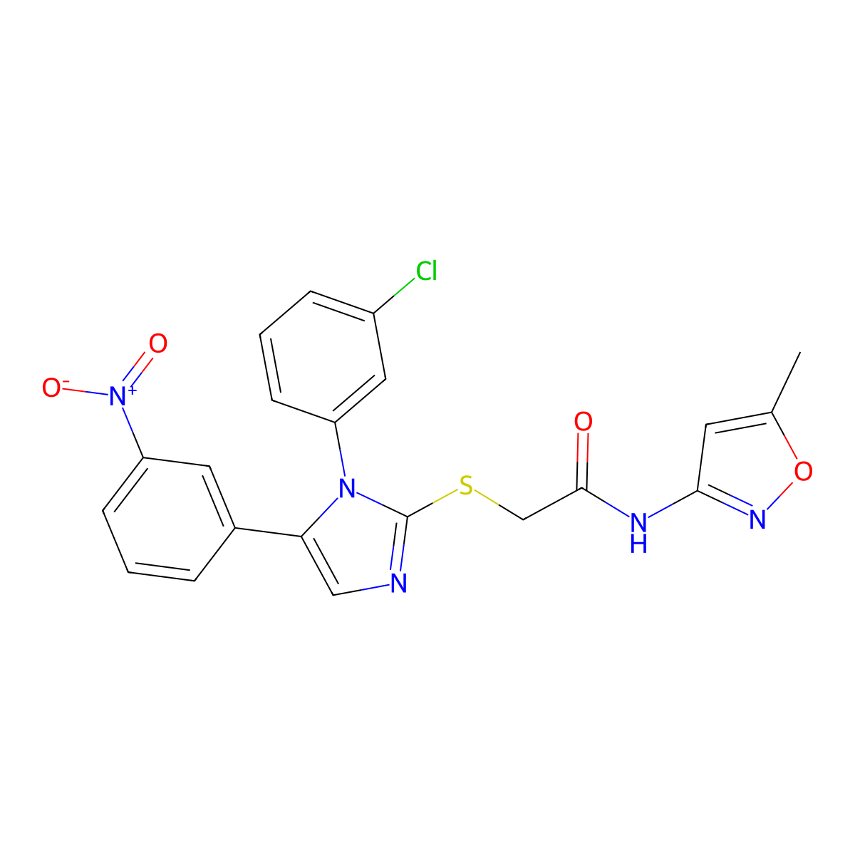 2-((1-(3-chlorophenyl)-5-(3-nitrophenyl)-1H-imidazol-2-yl)thio)-N-(5-methylisoxazol-3-yl)acetamide molecular structure, CAS 1287002-91-8