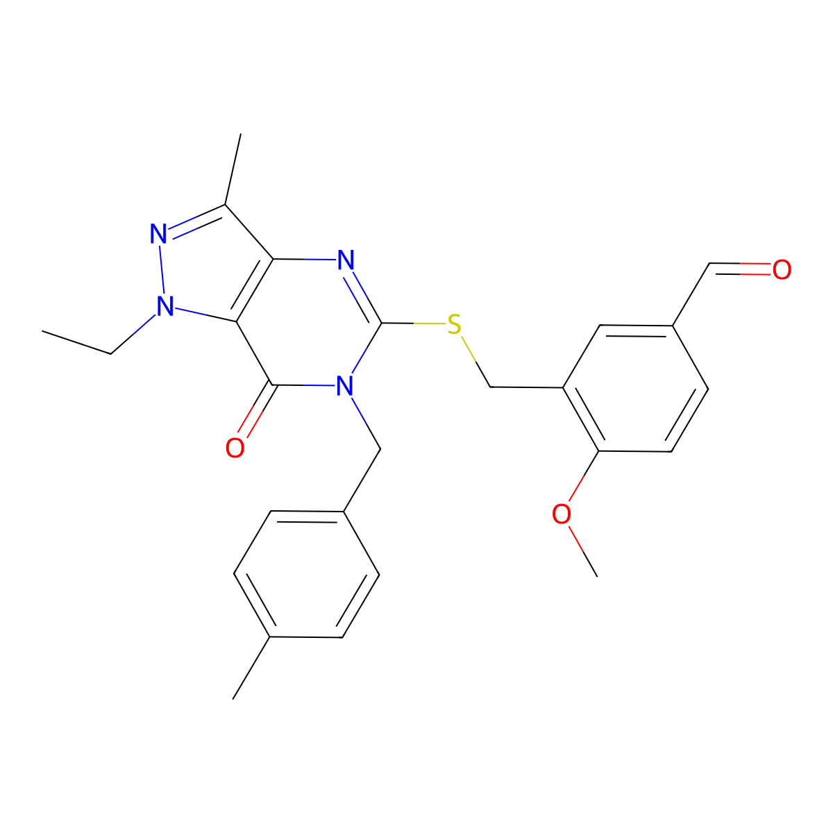 3-({[1-ethyl-3-methyl-6-(4-methylbenzyl)-7-oxo-6,7-dihydro-1H-pyrazolo[4,3-d]pyrimidin-5-yl]sulfanyl}methyl)-4-methoxybenzaldehyde molecular structure, CAS 1287039-70-6
