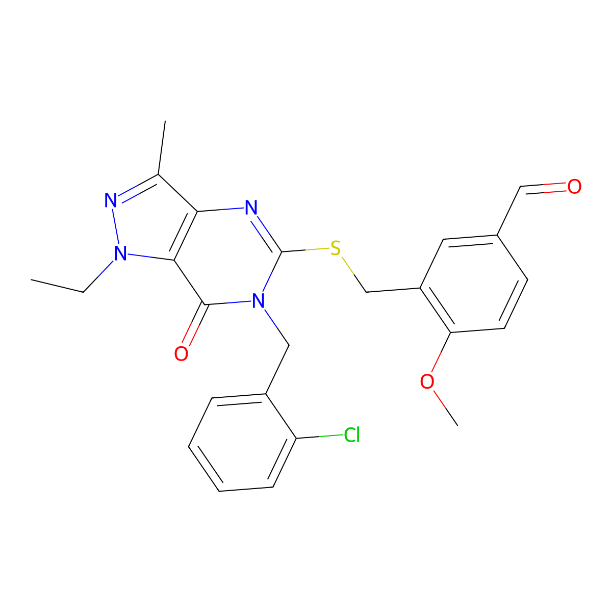 3-({[6-(2-chlorobenzyl)-1-ethyl-3-methyl-7-oxo-6,7-dihydro-1H-pyrazolo[4,3-d]pyrimidin-5-yl]sulfanyl}methyl)-4-methoxybenzaldehyde molecular structure, CAS 1287045-26-4