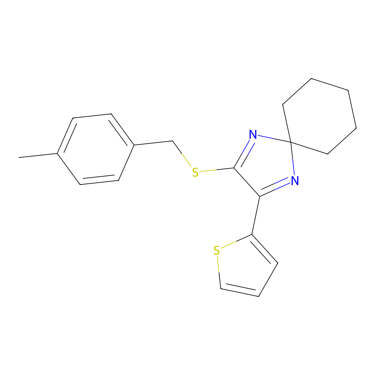 2-(4-Methyl-benzylsulfanyl)-3-thiophen-2-yl-1,4-diaza-spiro[4.5]deca-1,3-diene molecular structure, CAS 1287153-14-3