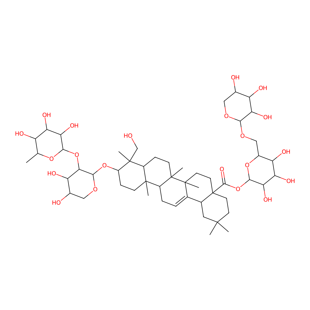 3-O-|A-L-Rhamnopyranosyl-(1 inverted exclamation marku2)-|A-L-arabinopyranosyl hederagenin28-O-|A-D-xylopyranosyl-(1 inverted exclamation marku6)-|A-D-glucopyranosyl ester molecular structure, CAS 128717-92-0
