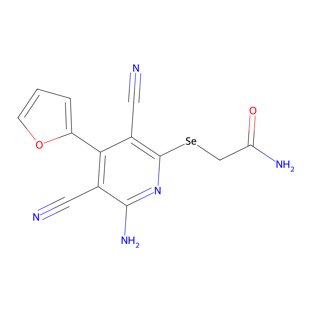 2-{[6-Amino-3,5-dicyano-4-(furan-2-yl)pyridin-2-yl]selanyl}acetamide molecular structure, CAS 128728-99-4