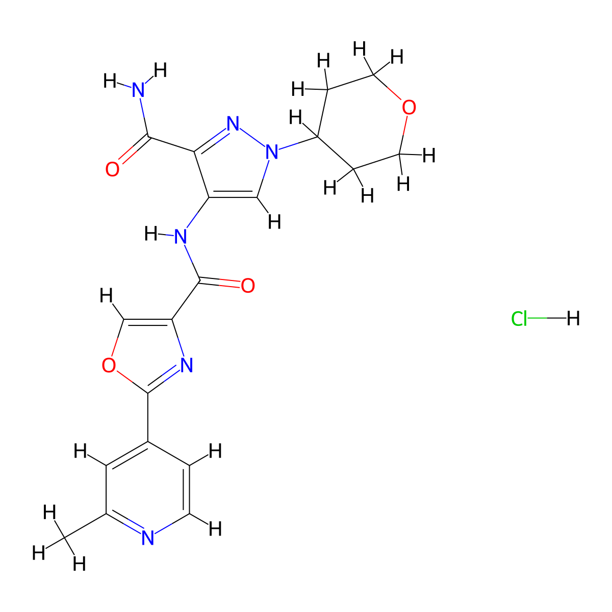 N-(3-carbamoyl-1-(tetrahydro-2H-pyran-4-yl)-1H-pyrazol-4-yl)-2-(2-methylpyridin-4-yl)oxazole-4-carboxamide hydrochloride molecular structure, CAS 1287665-60-4