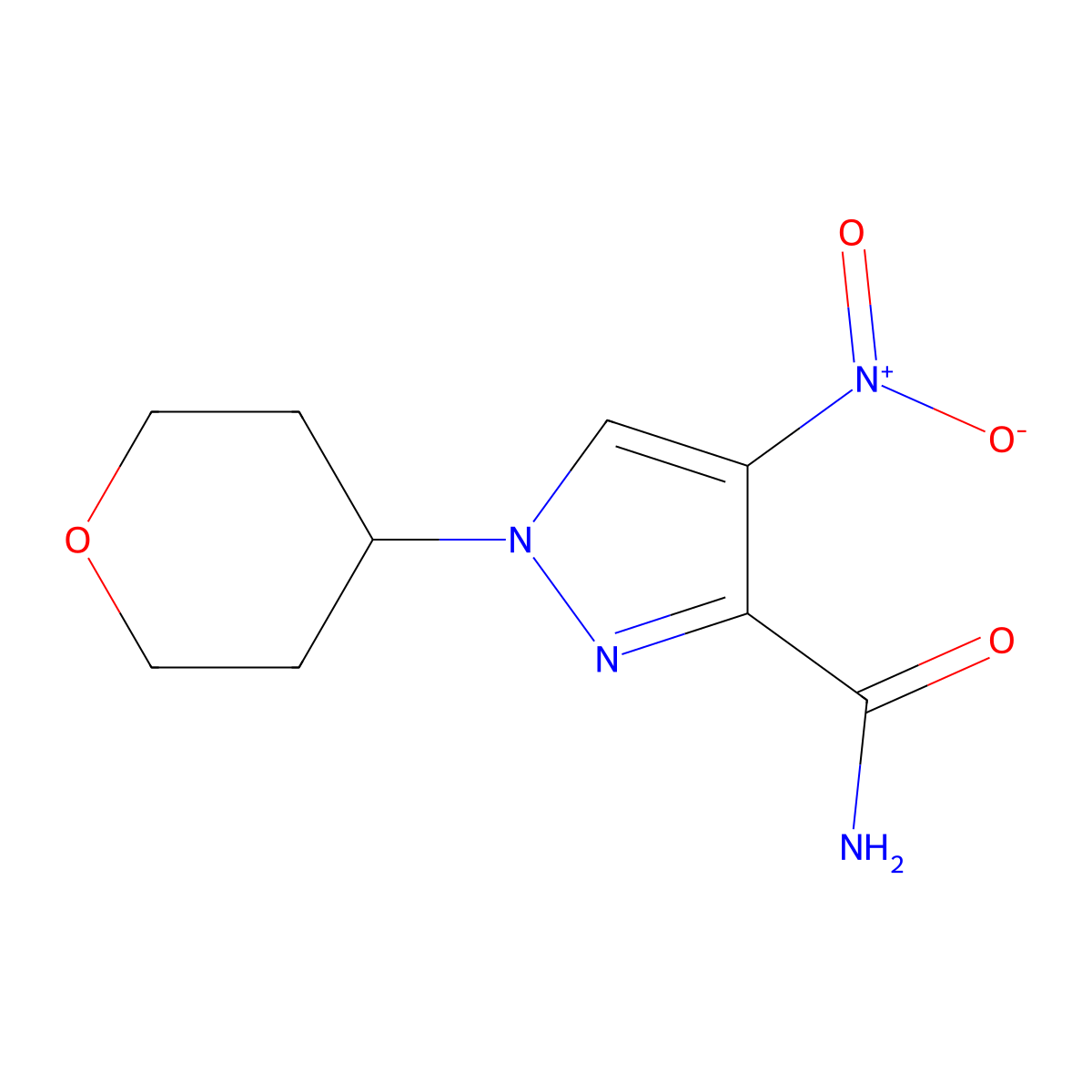 4-nitro-1-(tetrahydro-2H-pyran-4-yl)-1H-pyrazole-3-carboxamide molecular structure, CAS 1287669-95-7