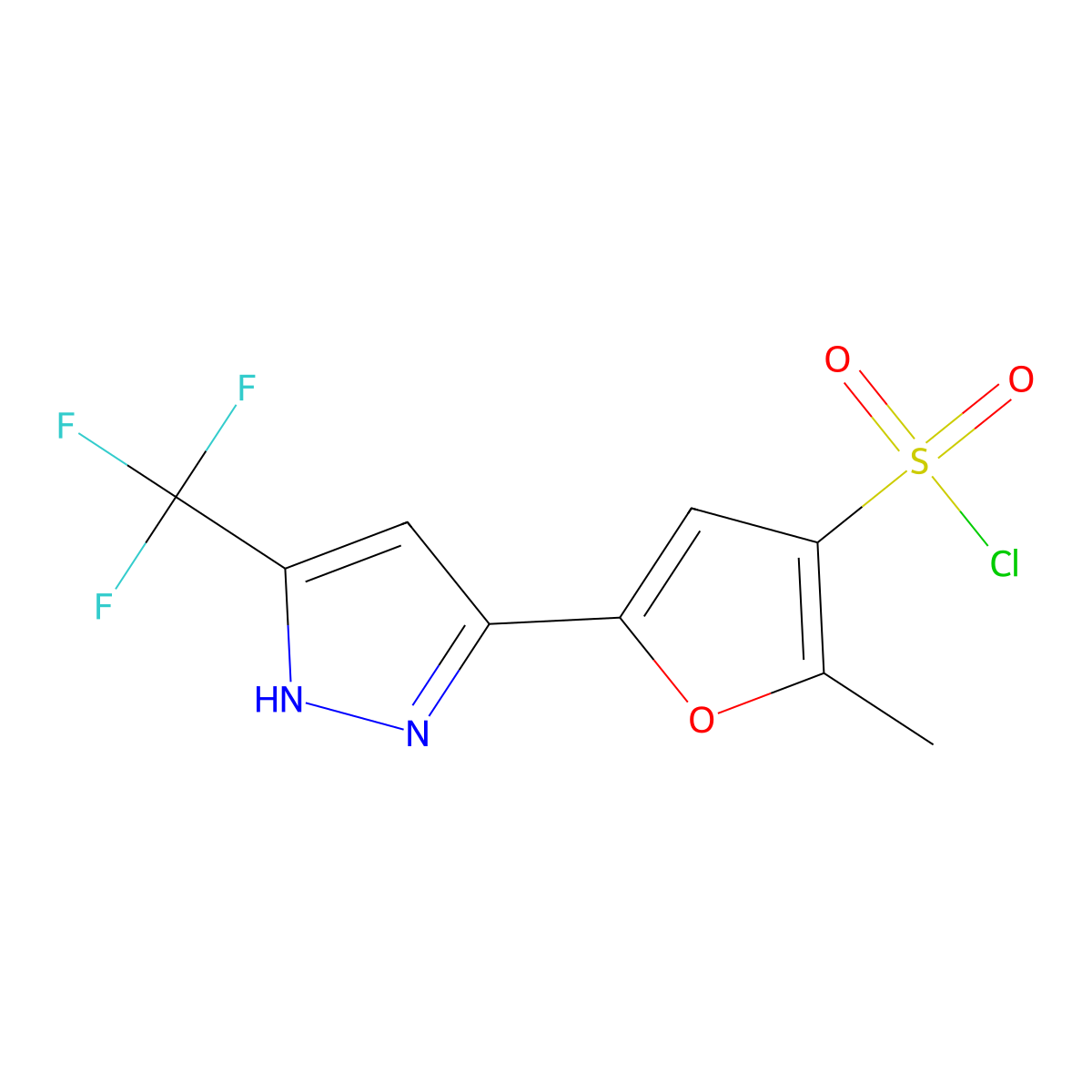 2-methyl-5-[5-(trifluoromethyl)-1H-pyrazol-3-yl]-3-furansulfonyl chloride molecular structure, CAS 1287752-71-9