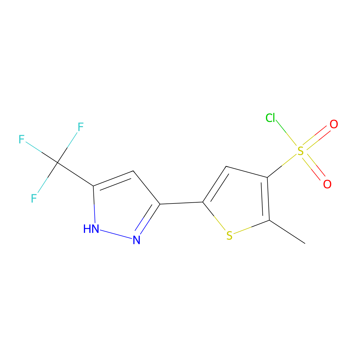 2-methyl-5-[5-(trifluoromethyl)-1H-pyrazol-3-yl]-3-thiophenesulfonyl chloride molecular structure, CAS 1287752-72-0