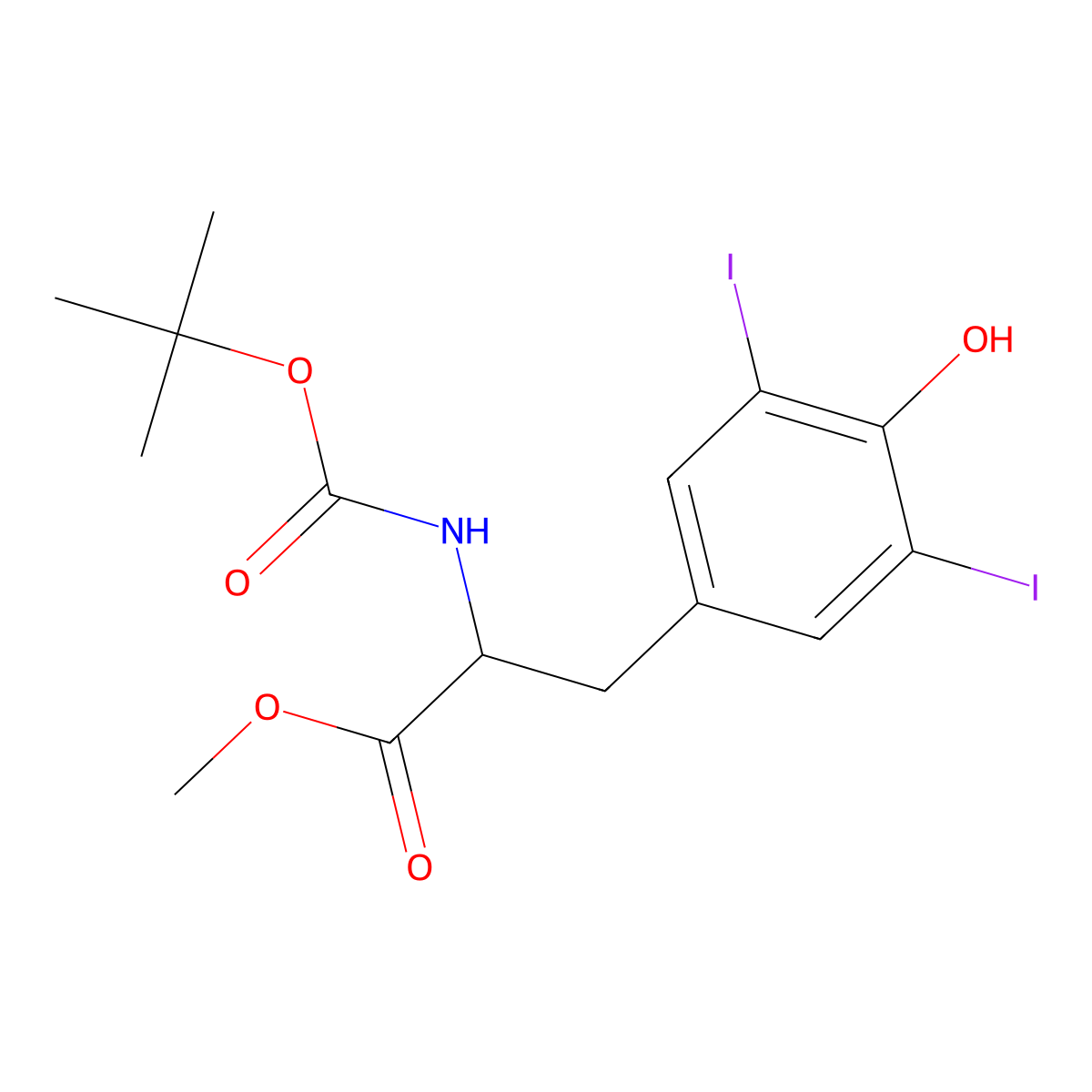 (S)-Methyl 2-((tert-butoxycarbonyl)amino)-3-(4-hydroxy-3,5-diiodophenyl)propanoate molecular structure, CAS 128781-80-6