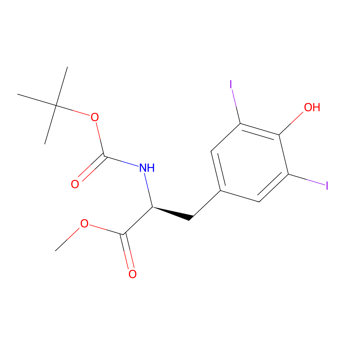 (S)-Methyl 2-((tert-butoxycarbonyl)amino)-3-(4-hydroxy-3,5-diiodophenyl)propanoate molecular structure, CAS 128781-80-6