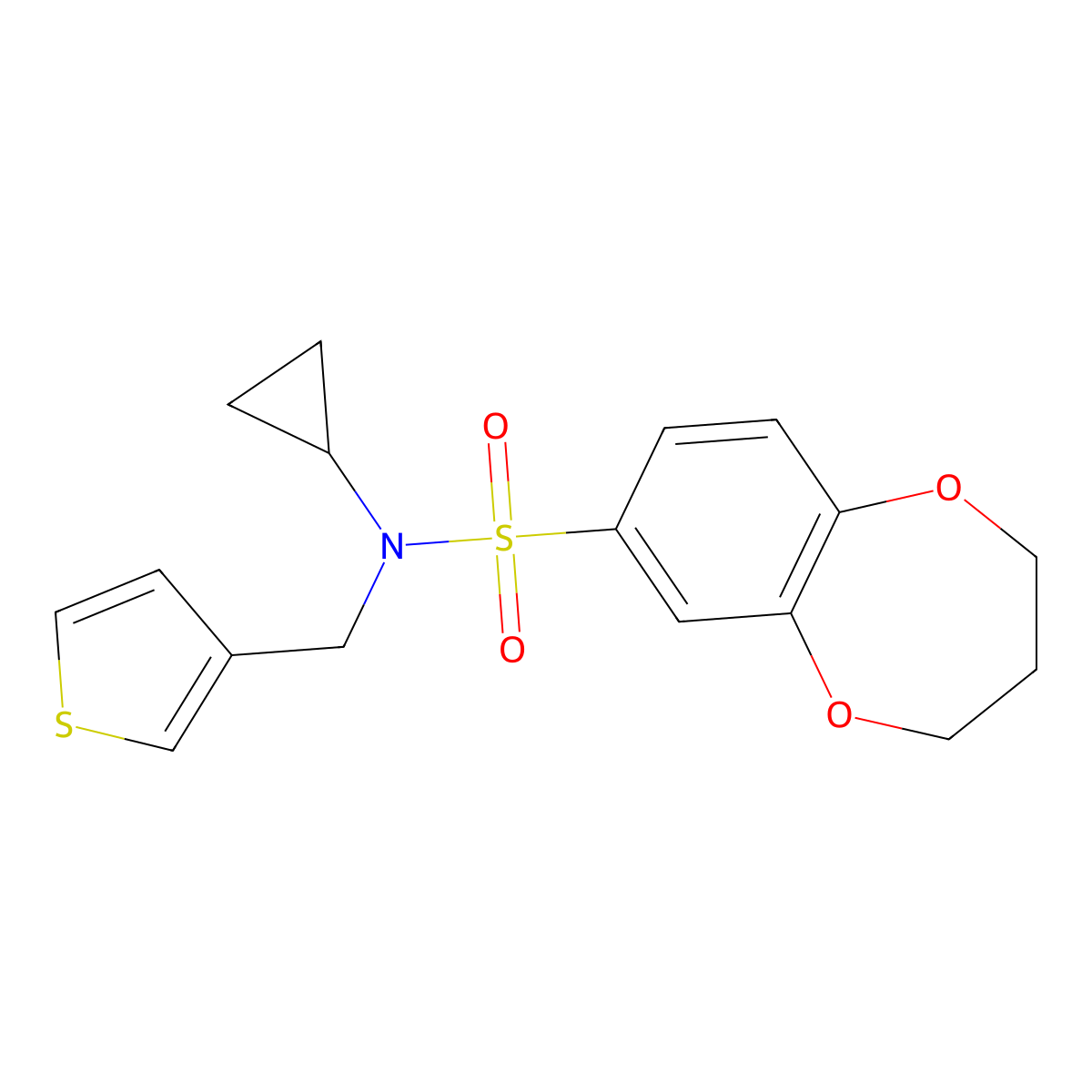 N-cyclopropyl-N-(thiophen-3-ylmethyl)-3,4-dihydro-2H-benzo[b][1,4]dioxepine-7-sulfonamide molecular structure, CAS 1287846-93-8