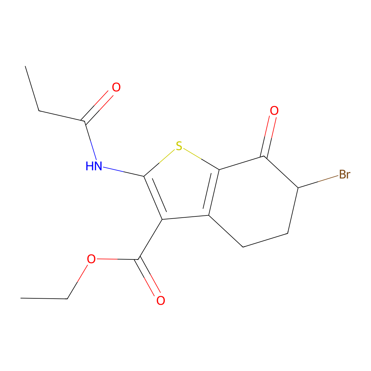 Ethyl 6-bromo-7-oxo-2-(propanoylamino)-4,5,6,7-tetrahydro-1-benzothiophene-3-carboxylate molecular structure, CAS 128811-91-6
