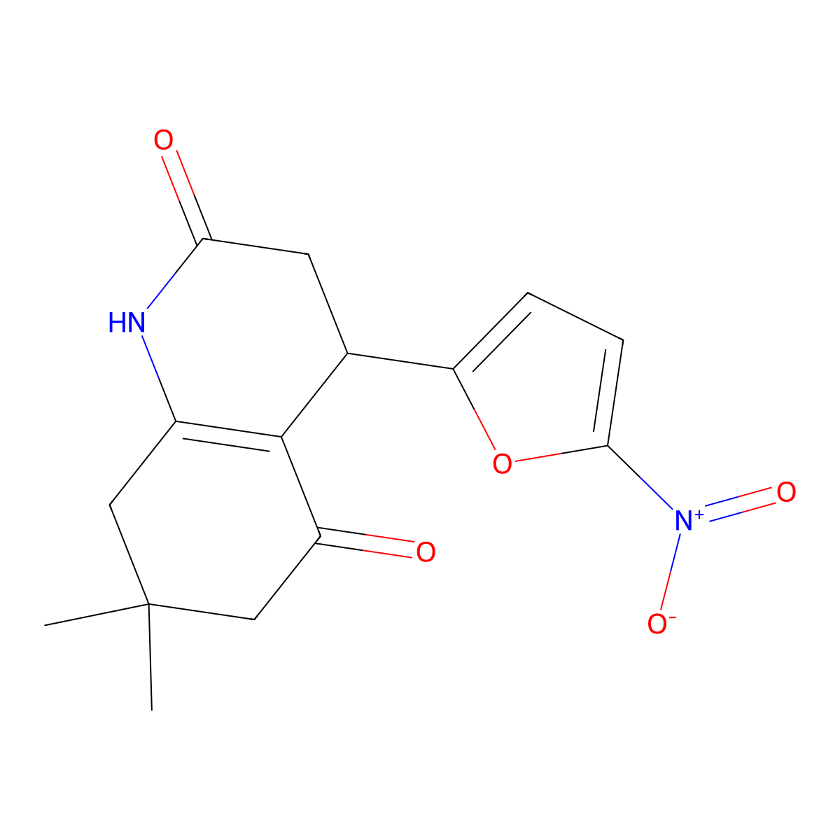 7,7-dimethyl-4-(5-nitrofuran-2-yl)-3,4,6,8-tetrahydro-1H-quinoline-2,5-dione molecular structure, CAS 128839-43-0