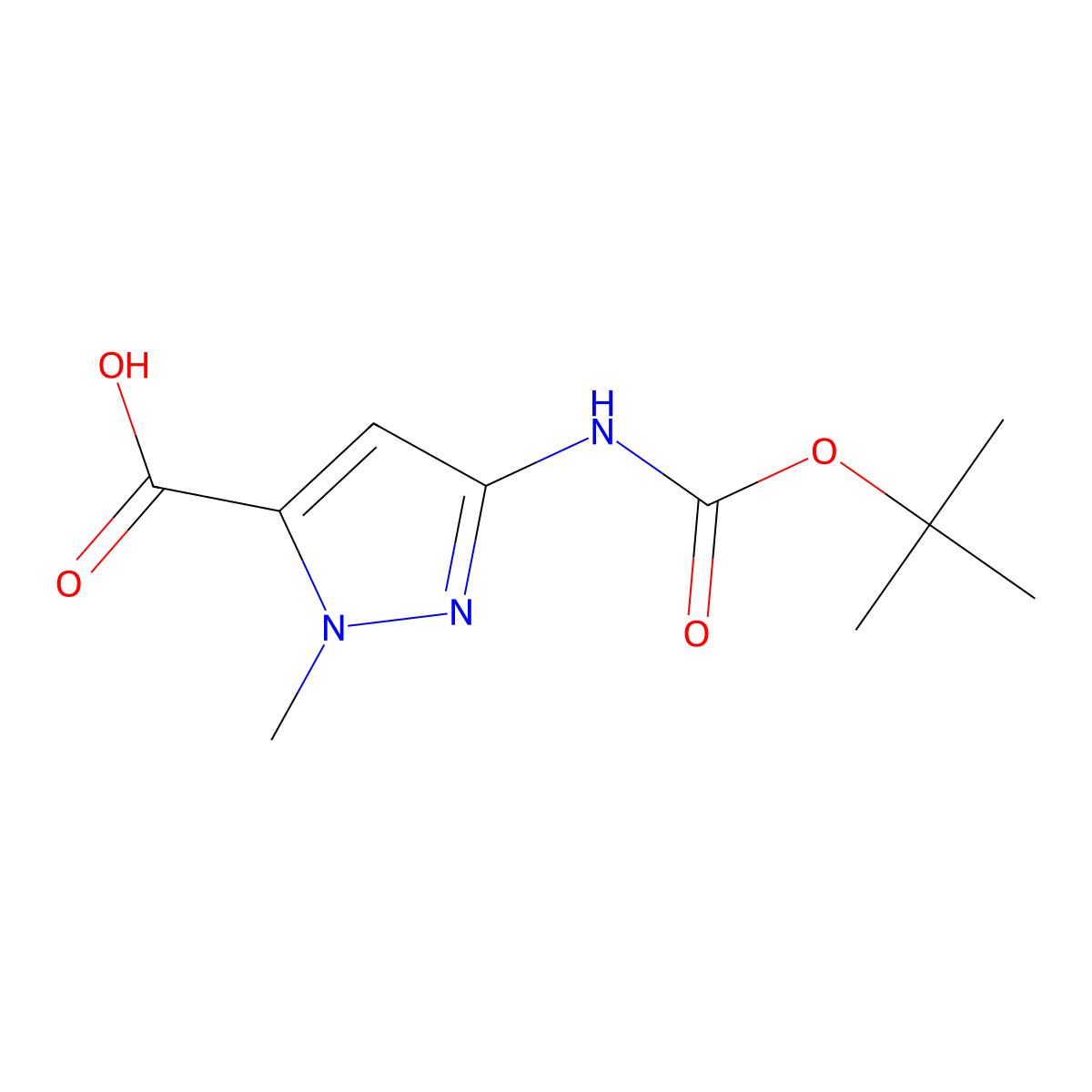 3-((tert-butoxycarbonyl)amino)-1-methyl-1H-pyrazole-5-carboxylic acid molecular structure, CAS 128883-83-0