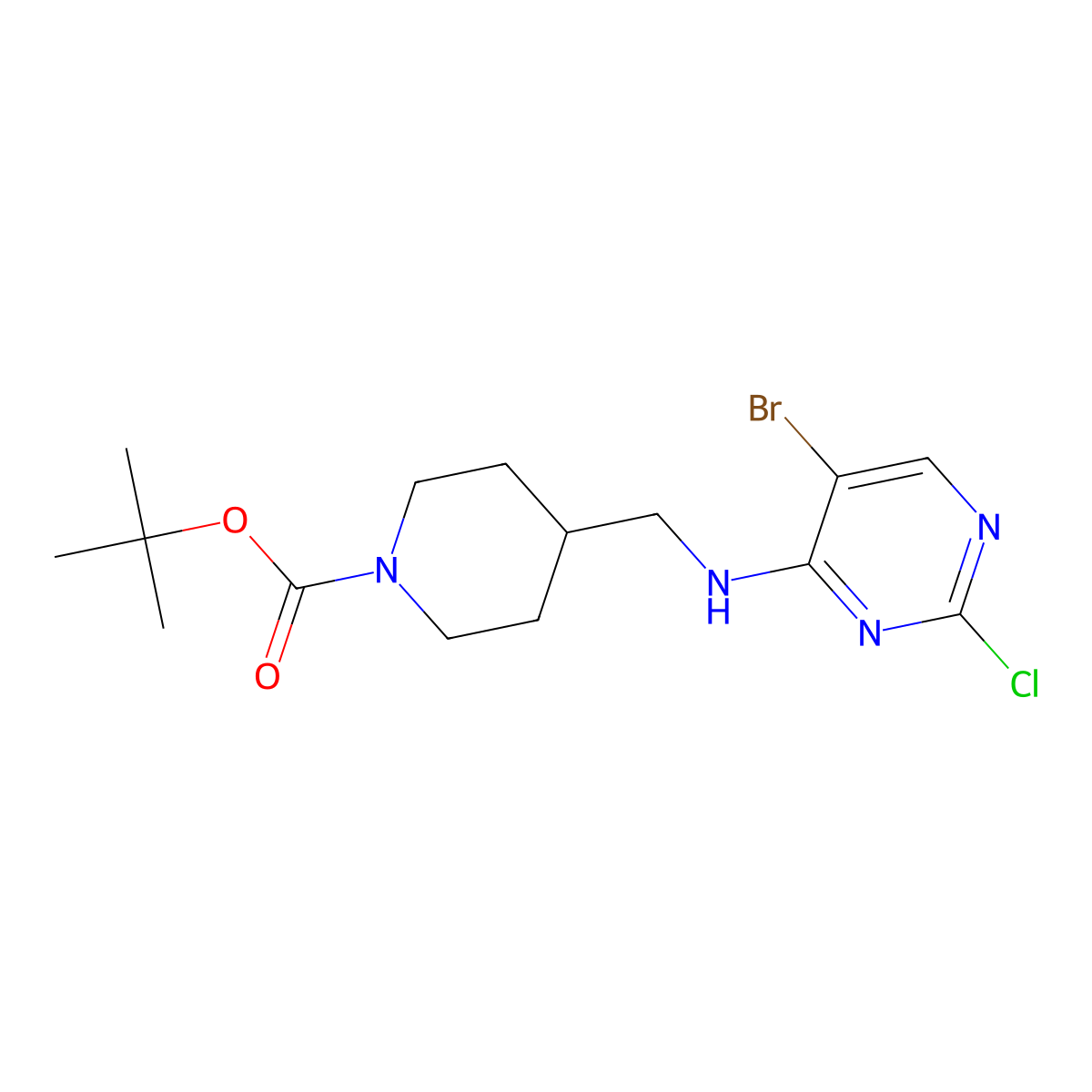Tert-butyl 4-(((5-bromo-2-chloropyrimidin-4-yl)amino)methyl)piperidine-1-carboxylate molecular structure, CAS 1289114-86-8