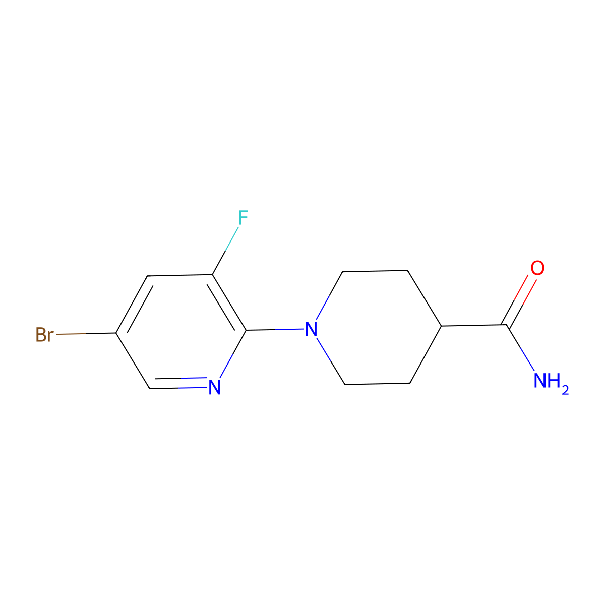 1-(5-Bromo-3-fluoropyridin-2-yl)piperidine-4-carboxamide molecular structure, CAS 1289123-09-6