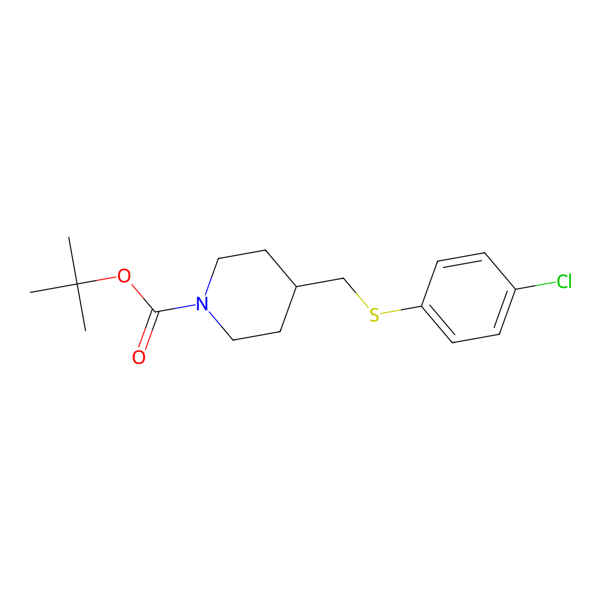 tert-Butyl 4-(((4-chlorophenyl)thio)methyl)piperidine-1-carboxylate molecular structure, CAS 1289387-54-7