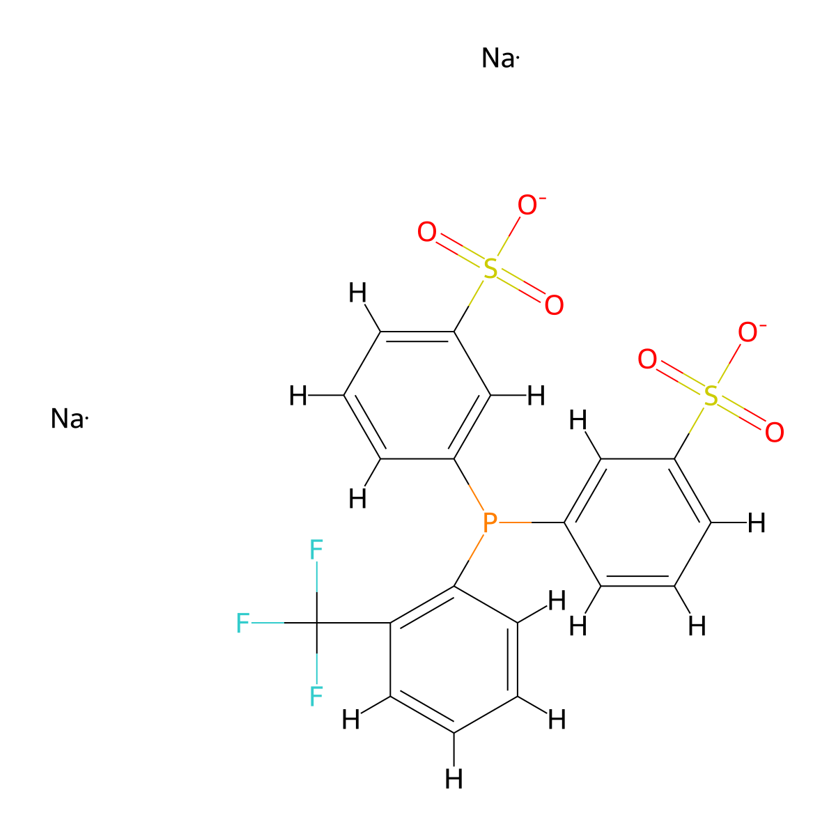Bis(3-sulfonatophenyl)(2-trifluoromethylphenyl)phosphine, disodium molecular structure, CAS 1289463-84-8