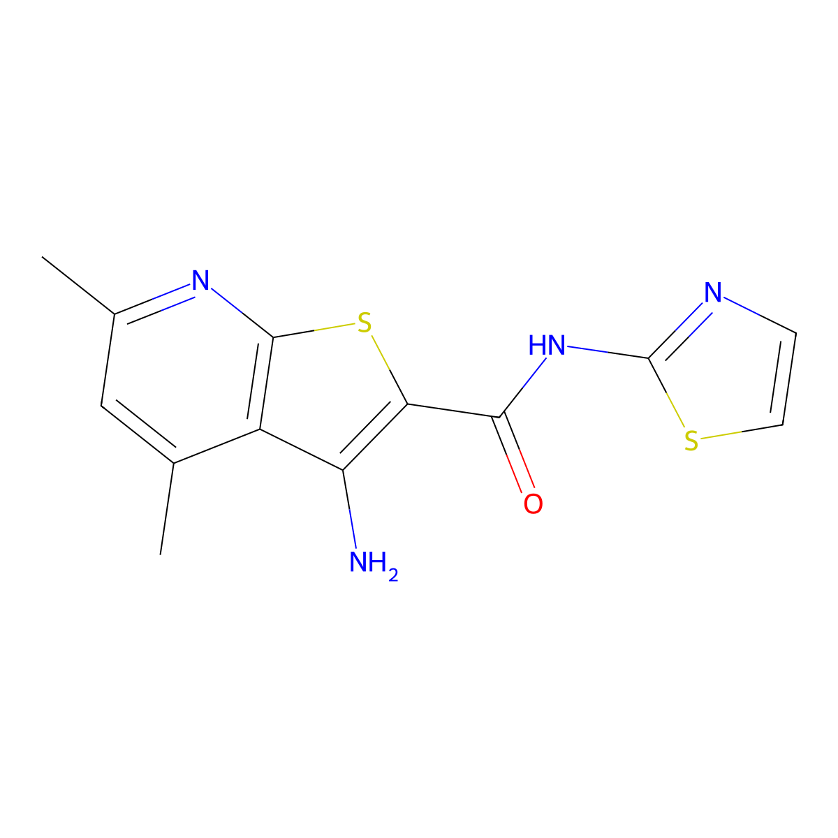 3-amino-4,6-dimethyl-N-(1,3-thiazol-2-yl)thieno[2,3-b]pyridine-2-carboxamide molecular structure, CAS 128991-36-6