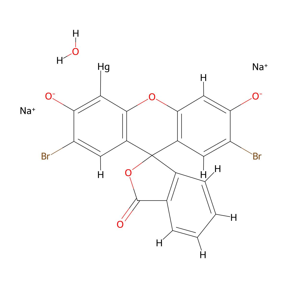 Disodium (2',7'-dibromo-3',6'-dioxido-3-oxo-3H-spiro[[2]benzofuran-1,9'-xanthen]-4'-yl)hydroxidomercurate(2-) molecular structure, CAS 129-16-8
