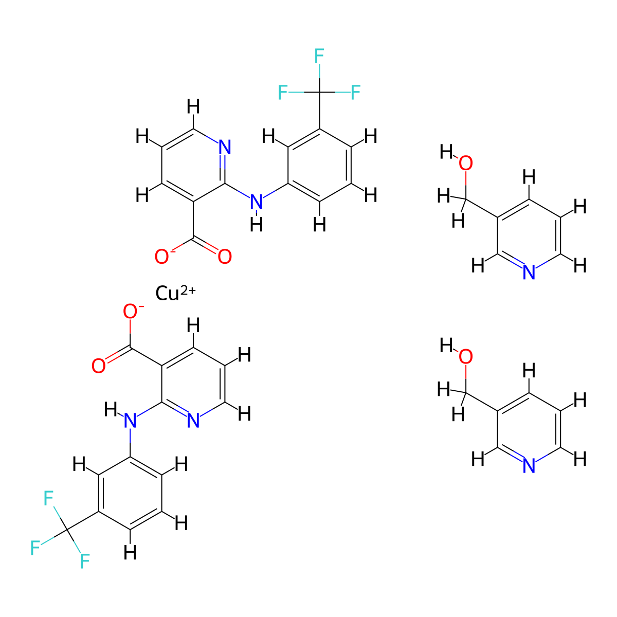 Bis(3-pyridinemethanol-N(1))bis(2-((3-(trifluoromethyl)phenyl)amino)-3-pyridinecarboxylato-N(2),O(3))copper molecular structure, CAS 129004-01-9