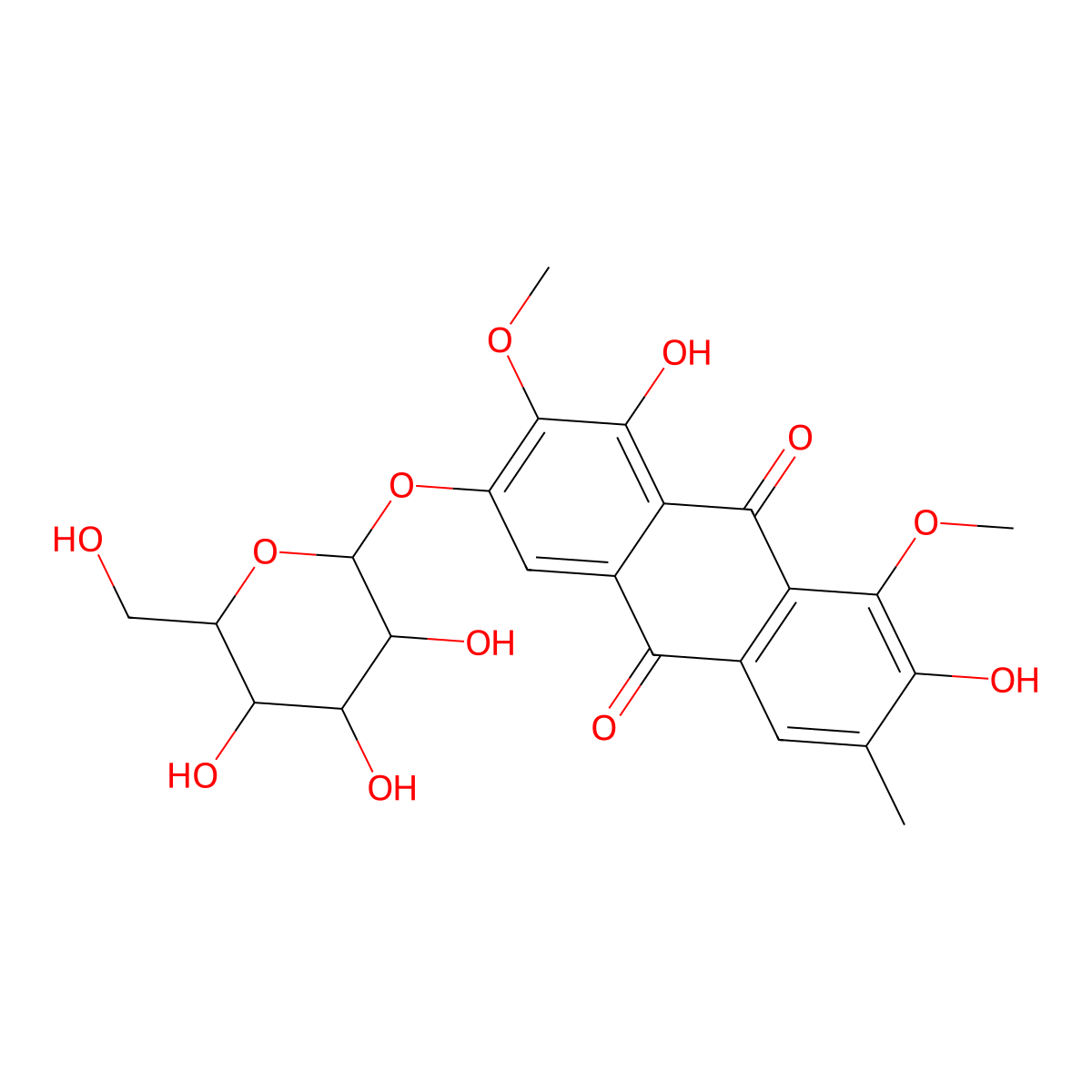 3-(beta-D-Glucopyranosyloxy)-1,7-dihydroxy-2,8-dimethoxy-6-methyl-9,10-anthracenedione molecular structure, CAS 129025-96-3