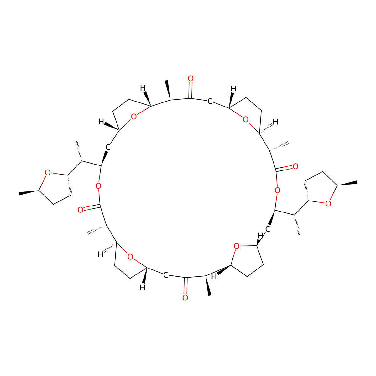 (1R,2R,5S,8S,9S,12R,14S,17R,18R,21S,24S,25S,28R,30S)-rel-2,9,18,25-tetramethyl-12,28-bis[(1S)-1-[(2S,5R)-tetrahydro-5-methyl-2-furanyl]ethyl]-11,27,33,34,35,36-hexaoxapentacyclo[28.2.1.15,8.114,17.121,24]hexatriacontane-3,10,19,26-tetrone molecular structure, CAS 129046-69-1