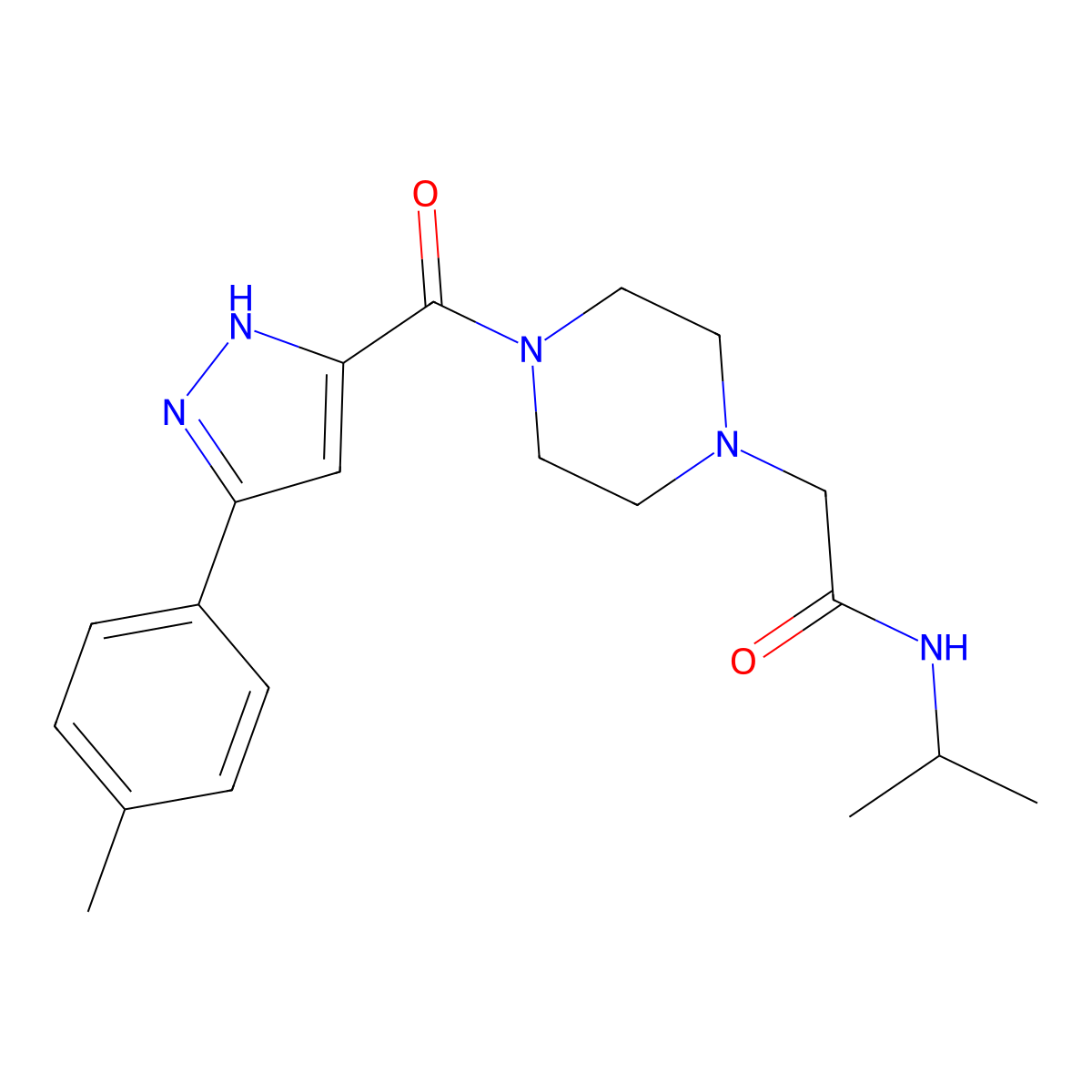2-(4-{[5-(4-methylphenyl)-1H-pyrazol-3-yl]carbonyl}piperazin-1-yl)-N-(propan-2-yl)acetamide molecular structure, CAS 1291015-31-0