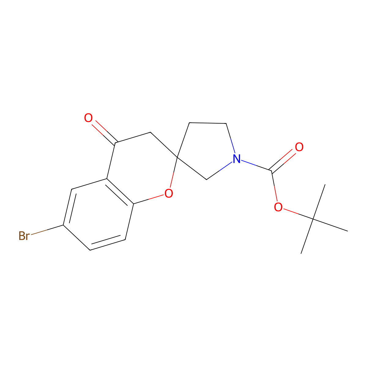 6-Bromo-3,4-dihydro-4-oxo-spiro[2H-1-benzopyran-2,3'-pyrrolidine]-1'-carboxylic acid 1,1-dimethylethyl ester molecular structure, CAS 1291076-20-4