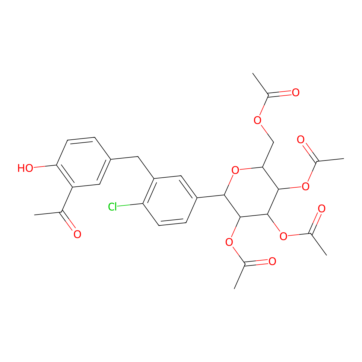 (2R,3R,4R,5S,6S)-2-(acetoxymethyl)-6-(3-(3-acetyl-4-hydroxybenzyl)-4-chlorophenyl)tetrahydro-2H-pyran-3,4,5-triyl triacetate molecular structure, CAS 1291094-21-7