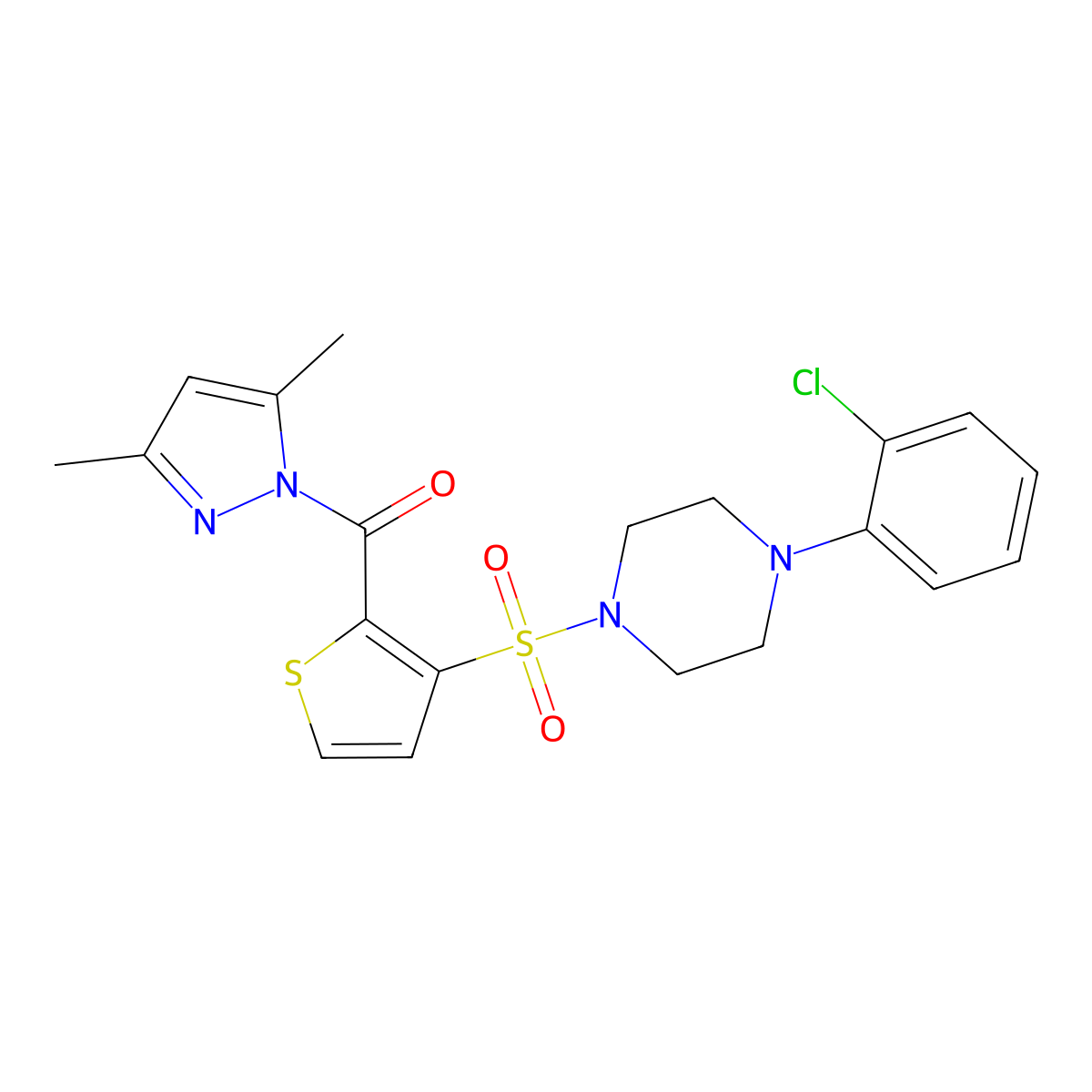 (3-{[4-(2-chlorophenyl)piperazin-1-yl]sulfonyl}thiophen-2-yl)(3,5-dimethyl-1H-pyrazol-1-yl)methanone molecular structure, CAS 1291487-01-8