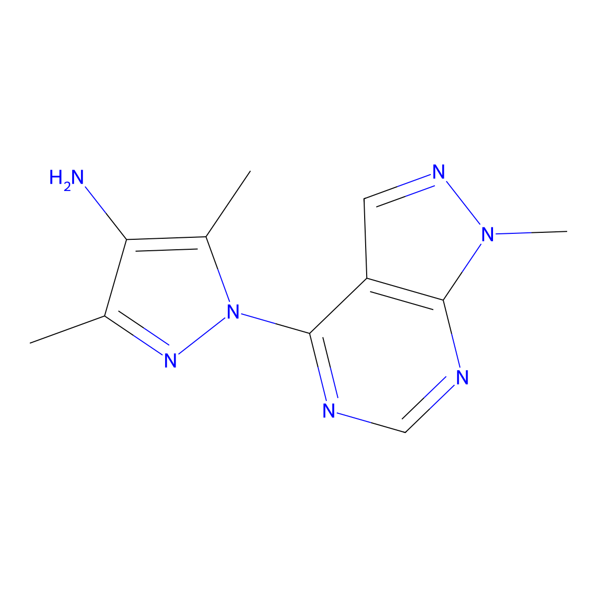 3,5-dimethyl-1-{1-methyl-1H-pyrazolo[3,4-d]pyrimidin-4-yl}-1H-pyrazol-4-amine molecular structure, CAS 1291526-14-1