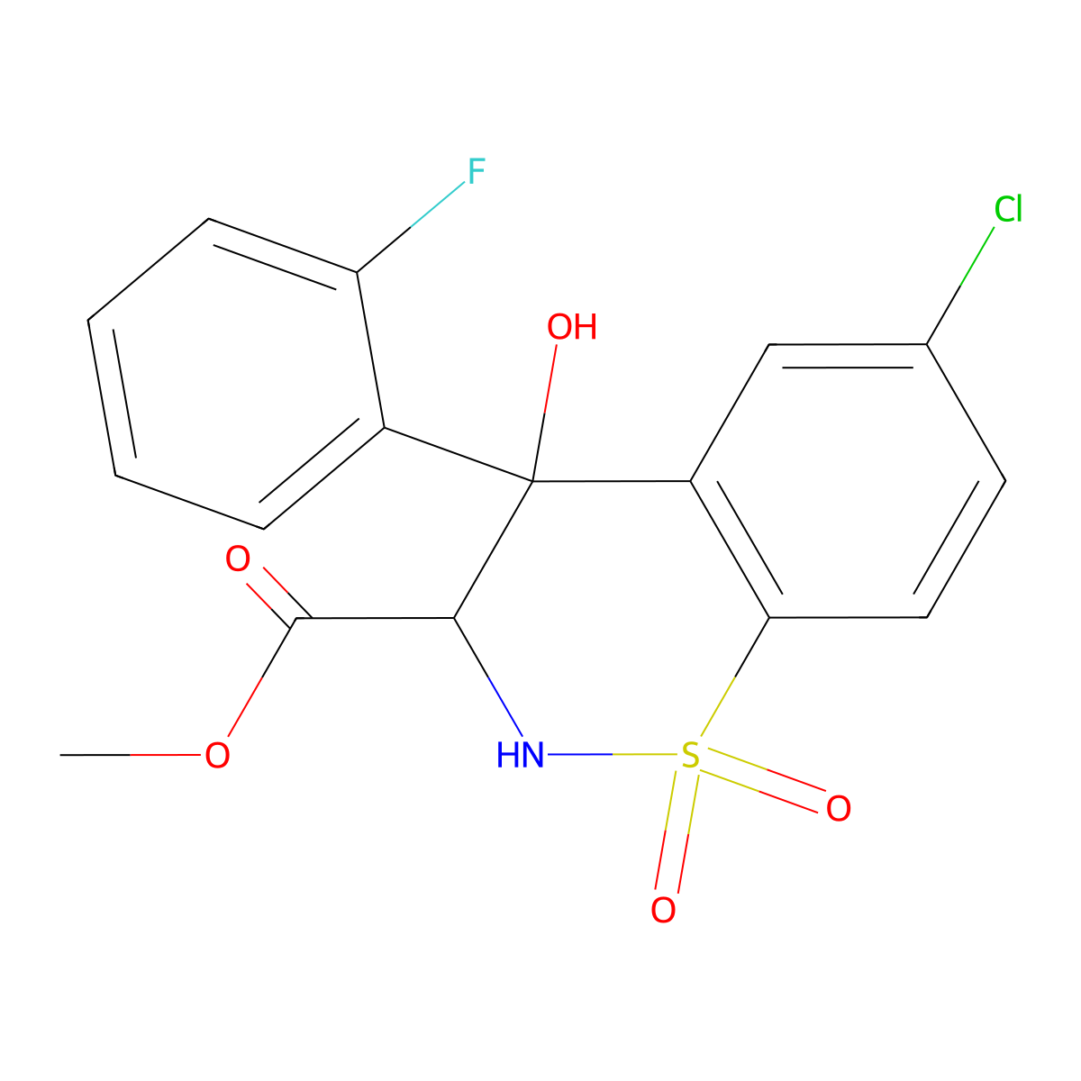 methyl 6-chloro-4-(2-fluorophenyl)-4-hydroxy-1,1-dioxo-3,4-dihydro-2H-1lambda6,2-benzothiazine-3-carboxylate molecular structure, CAS 1291831-35-0