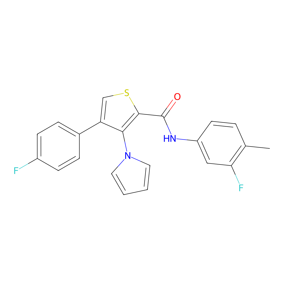 N-(3-fluoro-4-methylphenyl)-4-(4-fluorophenyl)-3-(1H-pyrrol-1-yl)thiophene-2-carboxamide molecular structure, CAS 1291832-13-7