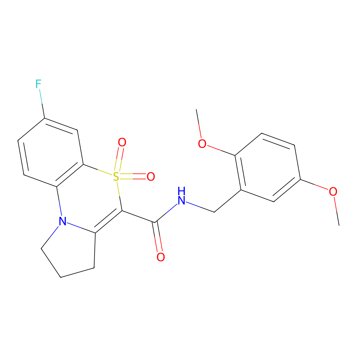 N-(2,5-dimethoxybenzyl)-7-fluoro-2,3-dihydro-1H-pyrrolo[2,1-c][1,4]benzothiazine-4-carboxamide 5,5-dioxide molecular structure, CAS 1291832-38-6