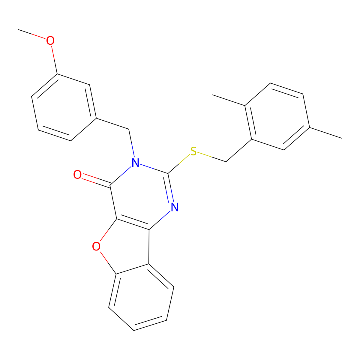 2-[(2,5-dimethylbenzyl)sulfanyl]-3-(3-methoxybenzyl)[1]benzofuro[3,2-d]pyrimidin-4(3H)-one molecular structure, CAS 1291833-64-1