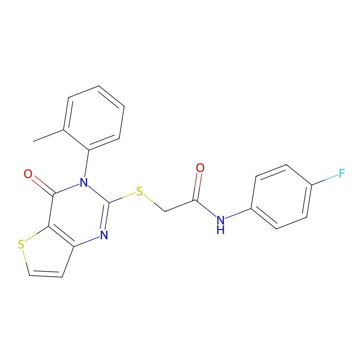 N-(4-fluorophenyl)-2-{[3-(2-methylphenyl)-4-oxo-3,4-dihydrothieno[3,2-d]pyrimidin-2-yl]sulfanyl}acetamide molecular structure, CAS 1291833-99-2