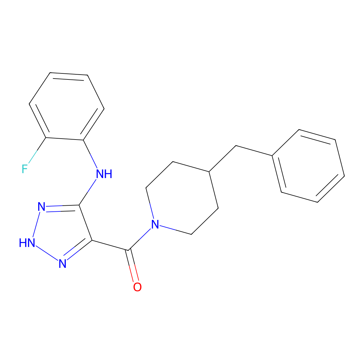(4-benzylpiperidin-1-yl)(5-((2-fluorophenyl)amino)-1H-1,2,3-triazol-4-yl)methanone molecular structure, CAS 1291834-12-2